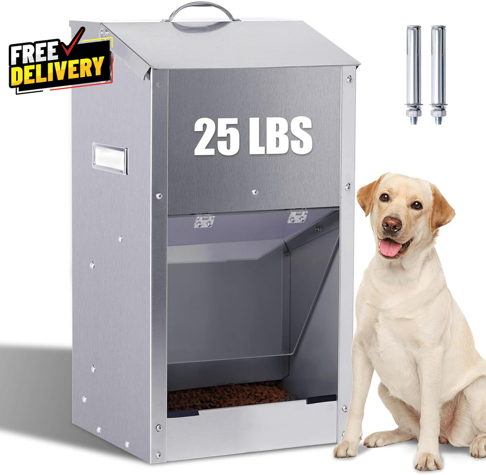 Automatic Dog Feeder Large Breed with Handle Stainless Steel Indoor and Outd....