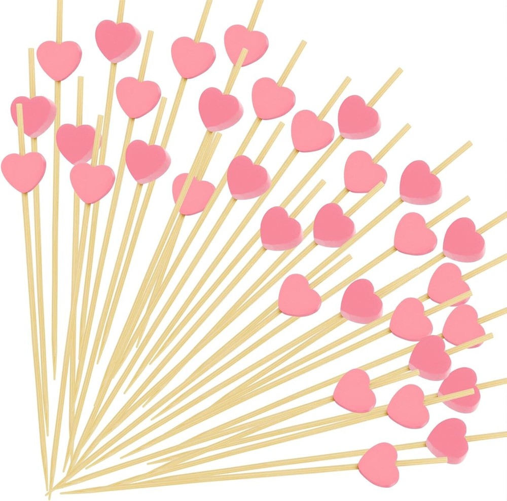 Pink Heart Bamboo Toothpicks for Appetizers & Valentine Decor - 100Pcs  
