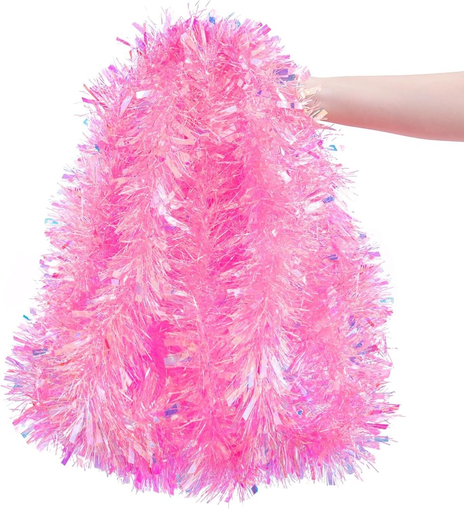 20FT Pink Christmas Tinsel Garland Metallic Twist Glitter
