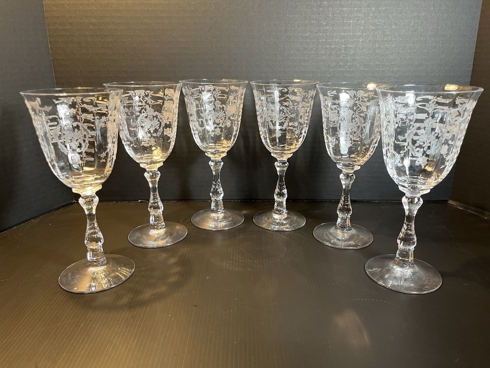 Fostoria Crystal Navarre Clear Etched Water Goblet 7 5/8 Tall set of 6 Victorian