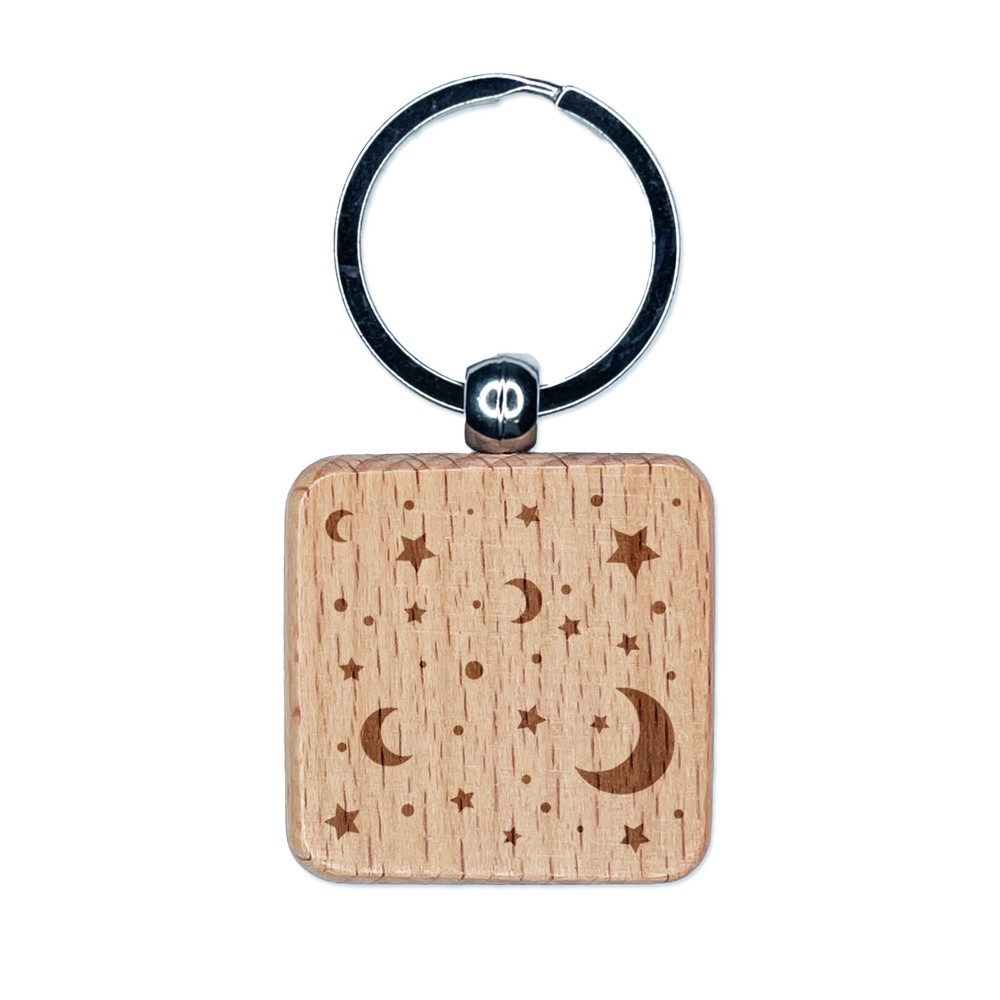 Moon and Stars Engraved Wood Square Keychain Tag Charm
