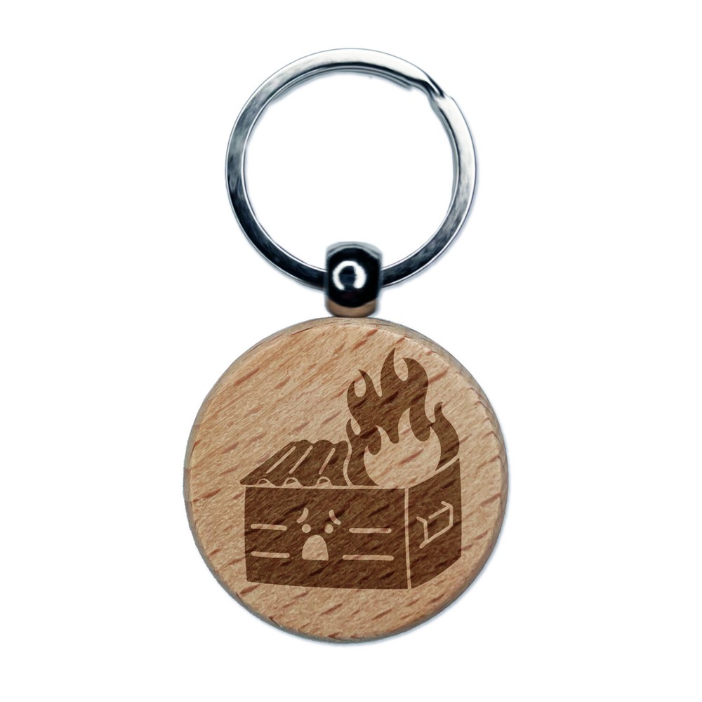 Sad Dumpster Fire Engraved Wood Round Keychain Tag Charm