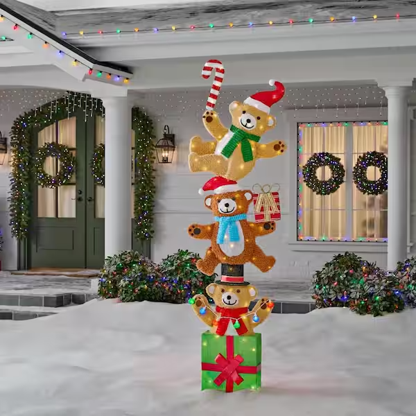 Christmas 7.5FT Santa Bear Candy Cane Lighted Gifts Outdoor Lawn Yard Art Set