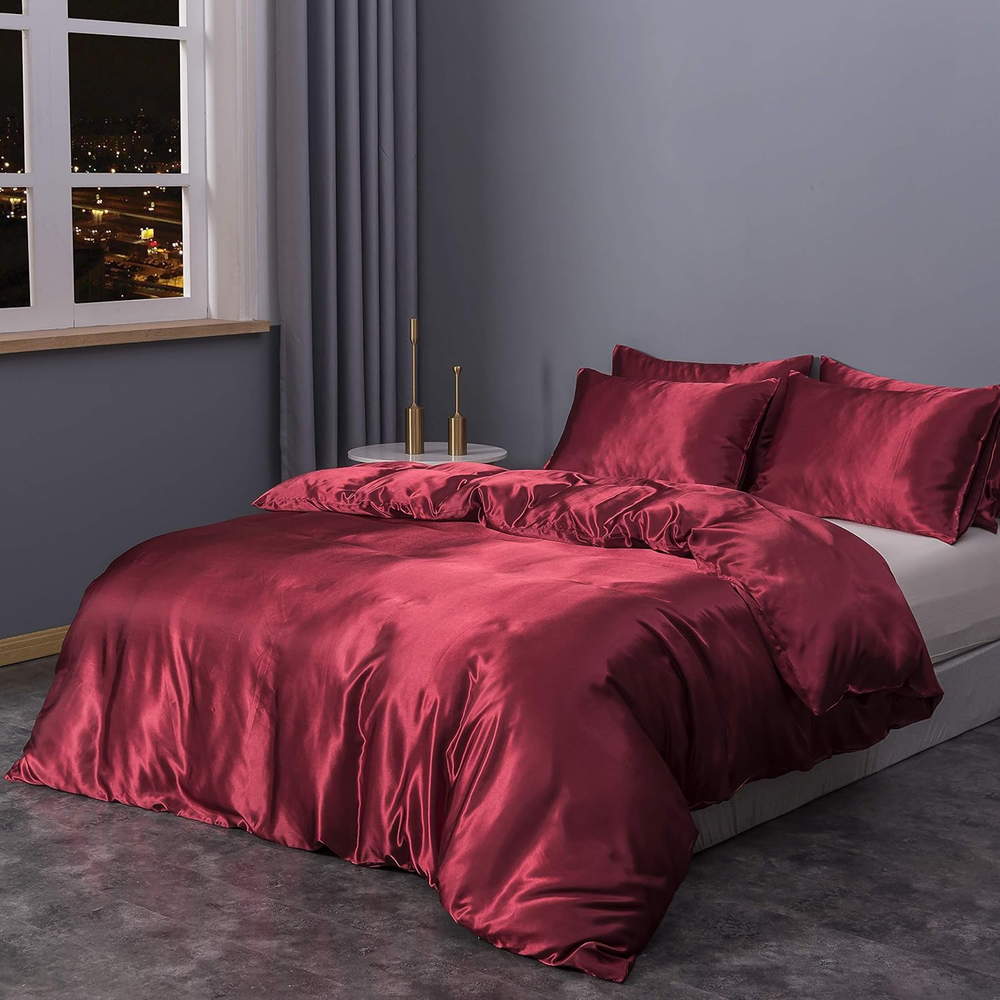 Duvet Cover Set Silk like (Red, Full/Queen) (Only Duvet Cover 90×90 Inch + 2 Pil