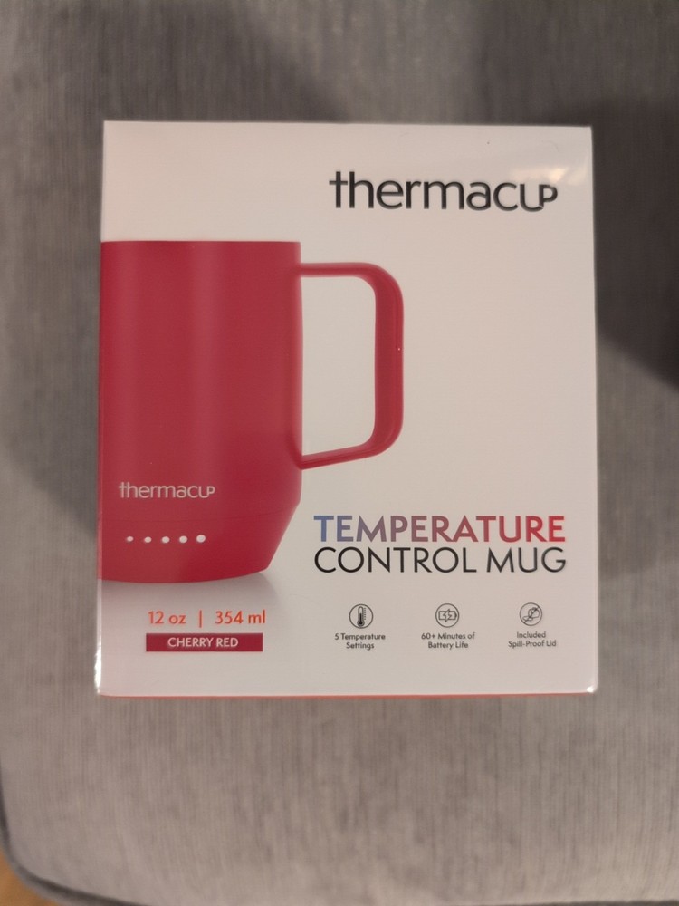 THERMACUP Premium Self-Heating Coffee Mug with Lid •12 oz •Cherry Red NIB (3404)