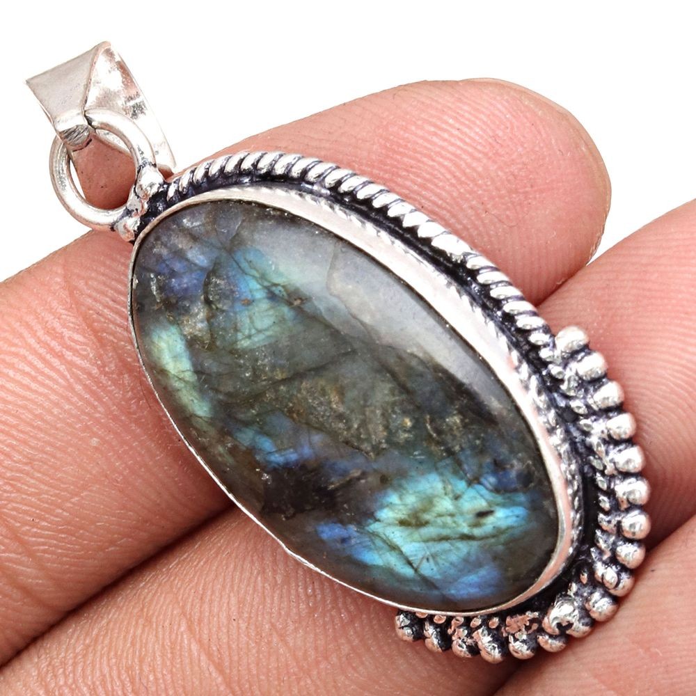 Shiny Labradorite Gemstone Pendant Silver Jewelry Gift for Her 1.75 Inch