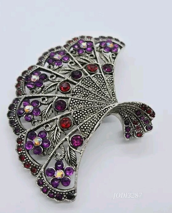Vintage Victorian FAN Brooch Pendant Silver tone Flowers Purple Red Crystals