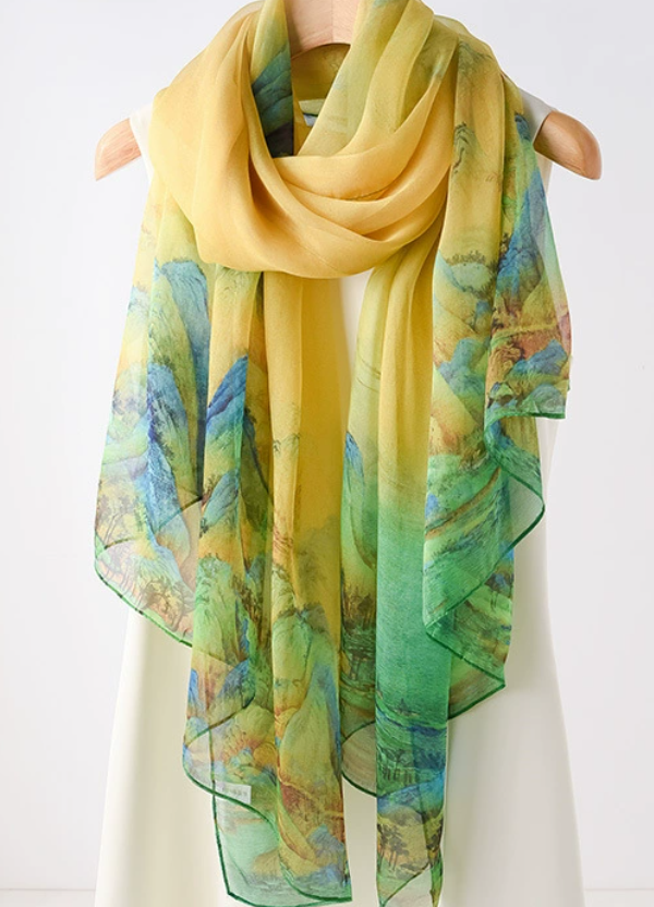 100% Mulberry Silk Scarf 178x110cm Yellow House Print Bandana Shawl