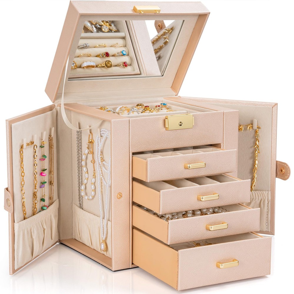 5-Tier Jewelry Box Leather Jewelry Storage Organizer with 4 Drawers Lockable ...