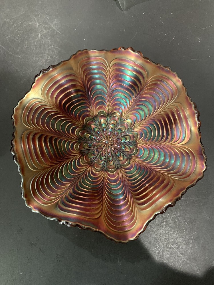 Vintage Fenton Amethyst Peacock Tail Carnival Glass Ruffled Candy Bowl