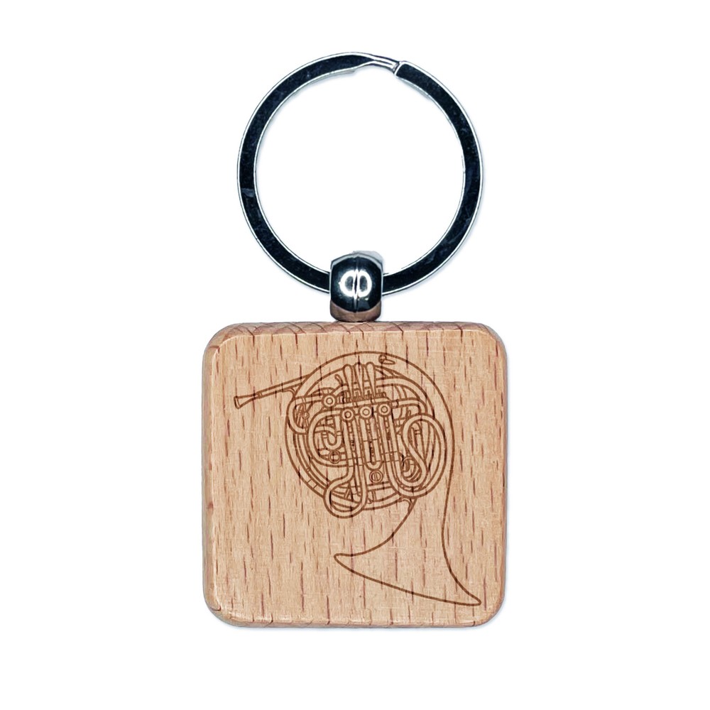 Double French Horn Brass Musical Instrument Engraved Wood Square Keychain