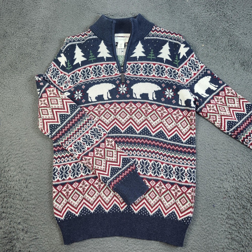 Aspen Sweater Mens Medium Navy Fair Isle Polar Bear Christmas 1/4 Zip Knit