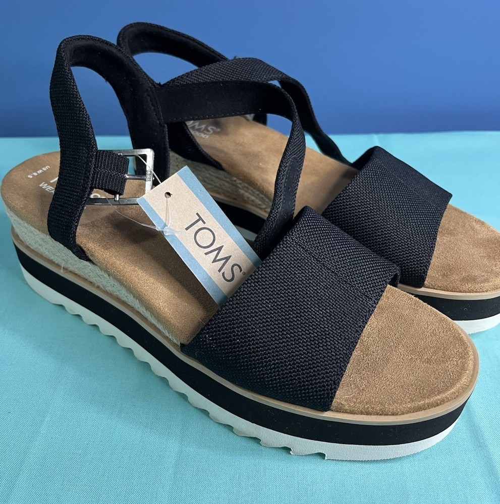 Toms Womens Diana Wedge Sandals Black Strap Platform Shoe Size 8.5 New /Tag