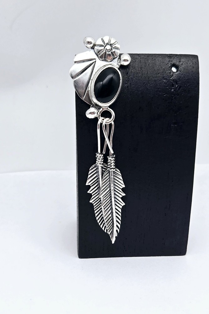 VTG Native Taxco Sterling Silver Onyx Inlay Single Post Feather Earring - 12.0g