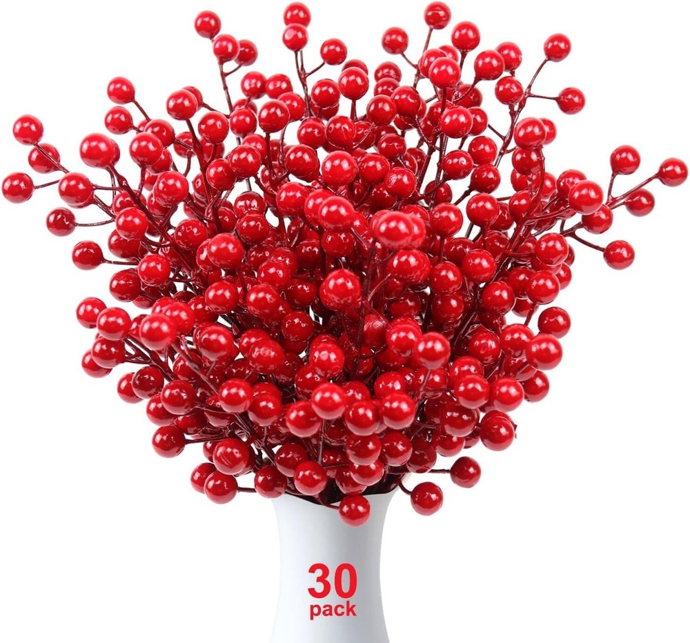 30 Pack Artificial Red Berry Stems, 8.2 Inch Christmas Picks Holly