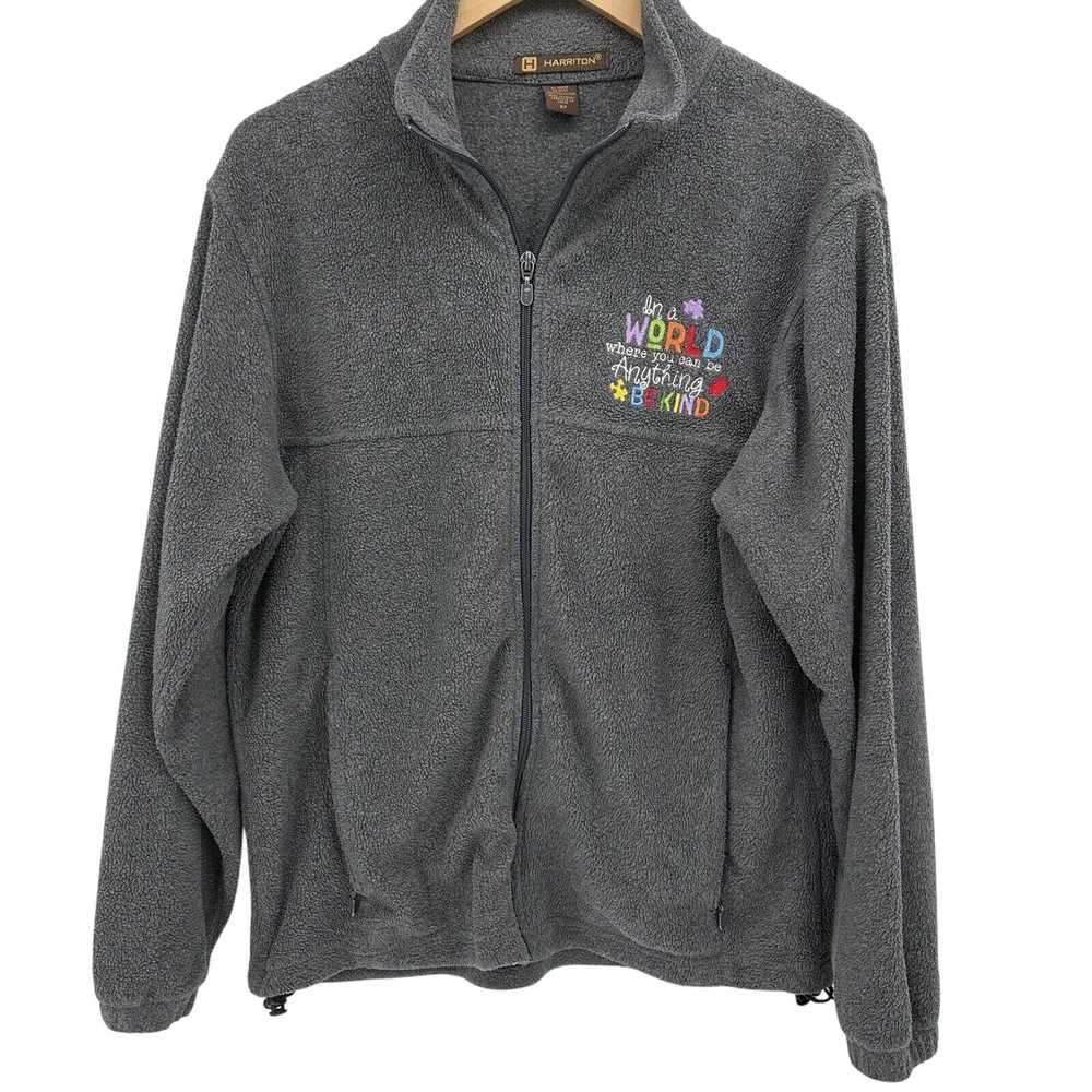 Harriton Fleece Jacket Mens Small Gray Full Zip Embroidered Front BE KIND