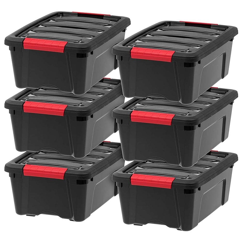 12 Qt Black Plastic Storage Bins With Lids - 6-Pack