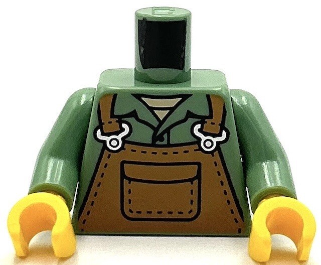 Lego Sand Green Minifig Torso with Medium Nougat Overalls and Silver Buckles