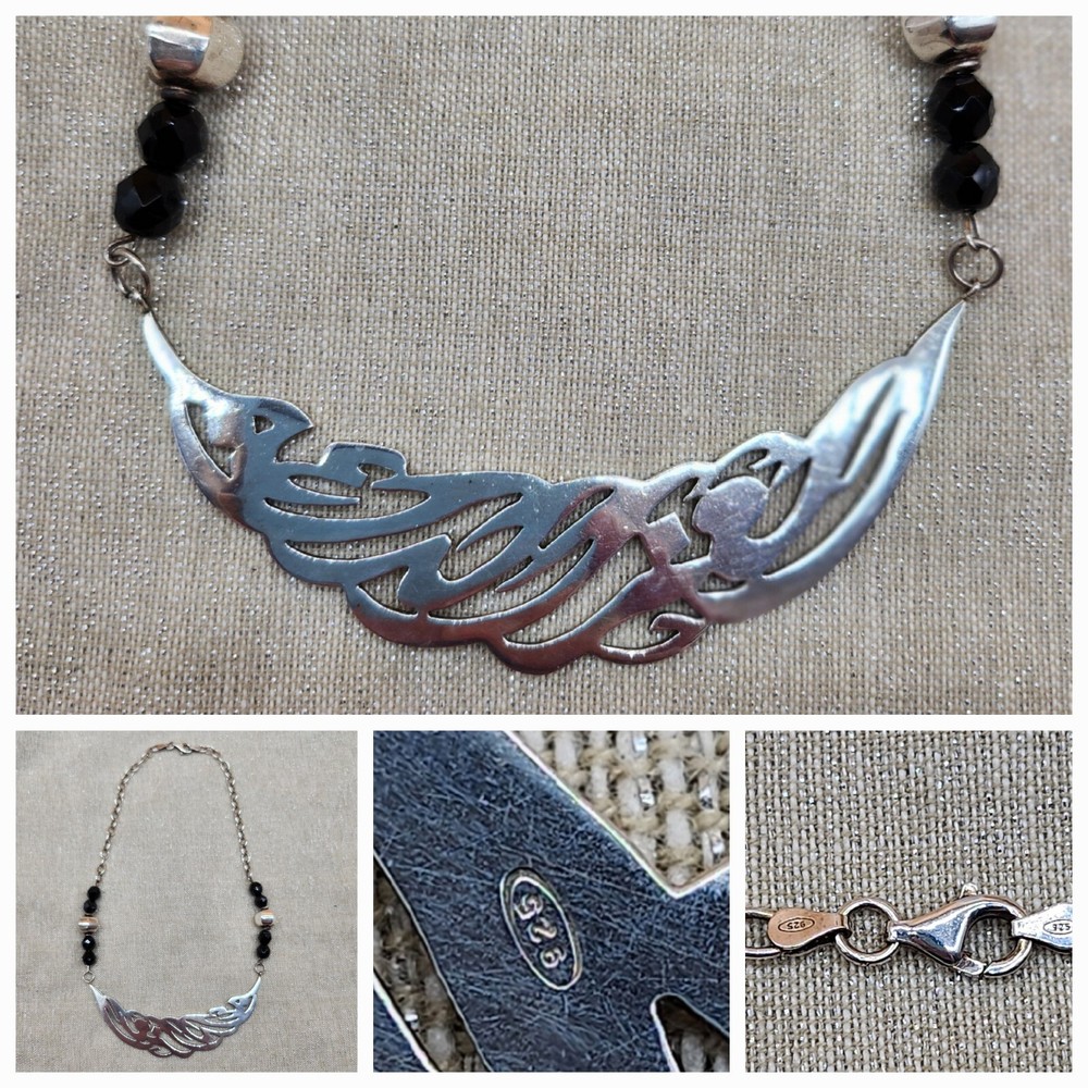 Rare Modernist 925 Sterling Silver Black Onyx Beaded Necklace