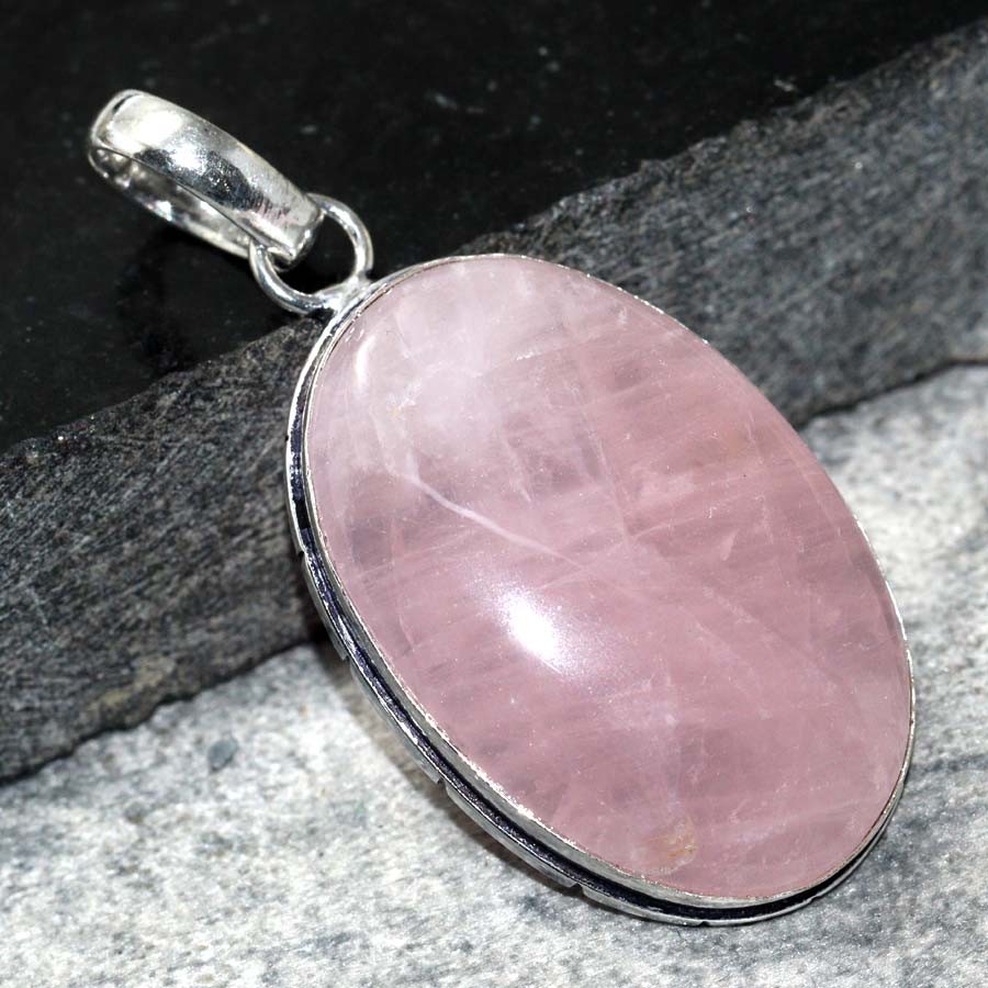 Rose Quartz 925 Silver Plated Pendant 2 Inch Valentine Gift Jewelry