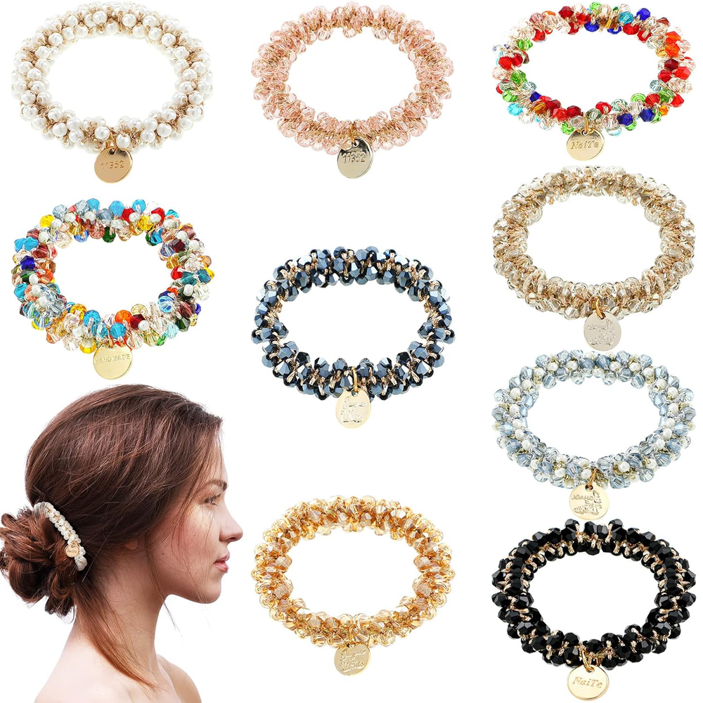 9 Pcs Hair Ties Crystal Elastic Hair Scrunchies Stretchy Accessories Bead Pon...