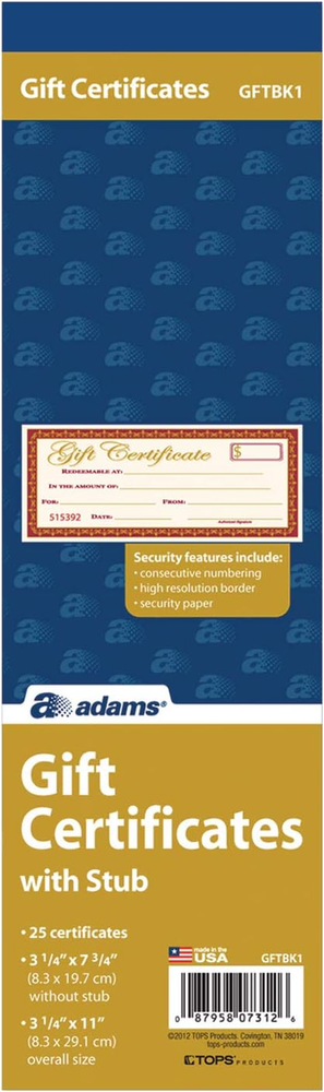 1-Part Gift Certificates with Stub, 3-1/4