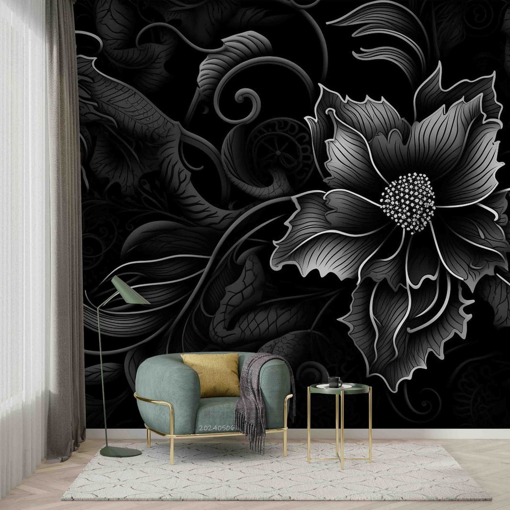 3D Black Flower Flora Wall Murals Wallpaper Murals Wall Sticker 3