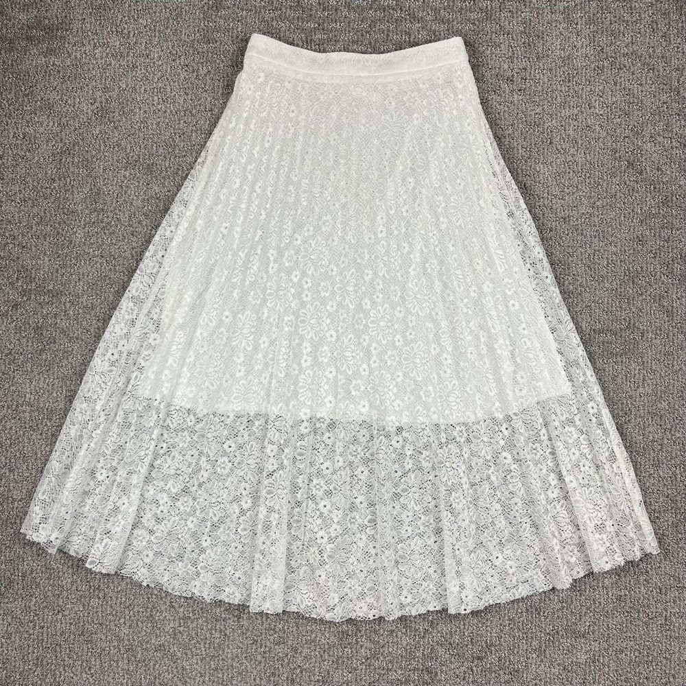 Lapis Skirt Womens Small White Lace Pleated Midi Sheer Boho Wedding Romantic