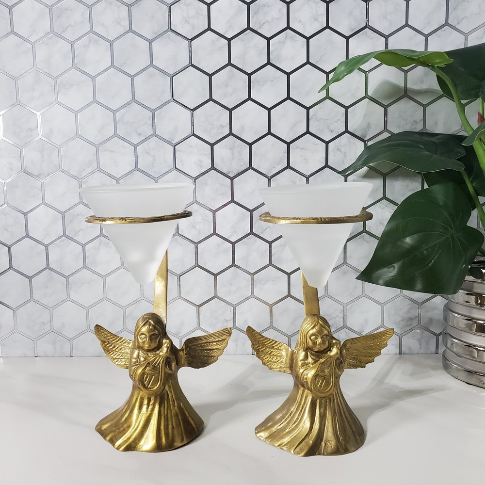 Brass angel halo votive candle holder with frosted glass tea light insert
