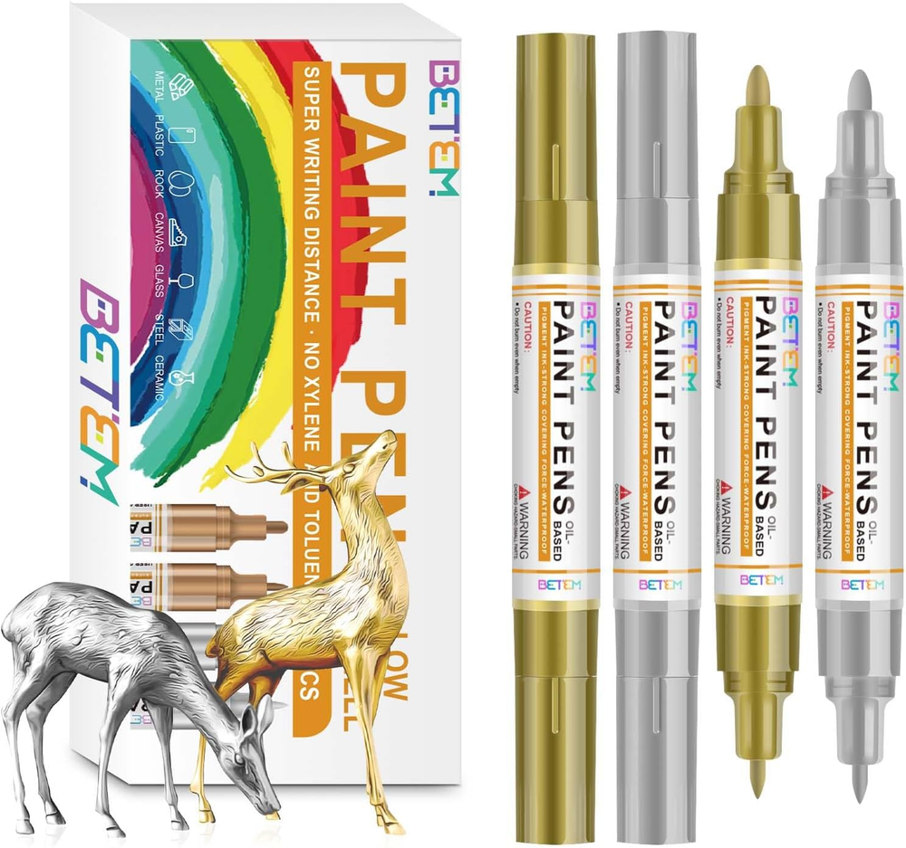 Oil Based Paint Markers, Dual Tip Paint Pens(0.7Mm & 3Mm), Gold Silver Permanent
