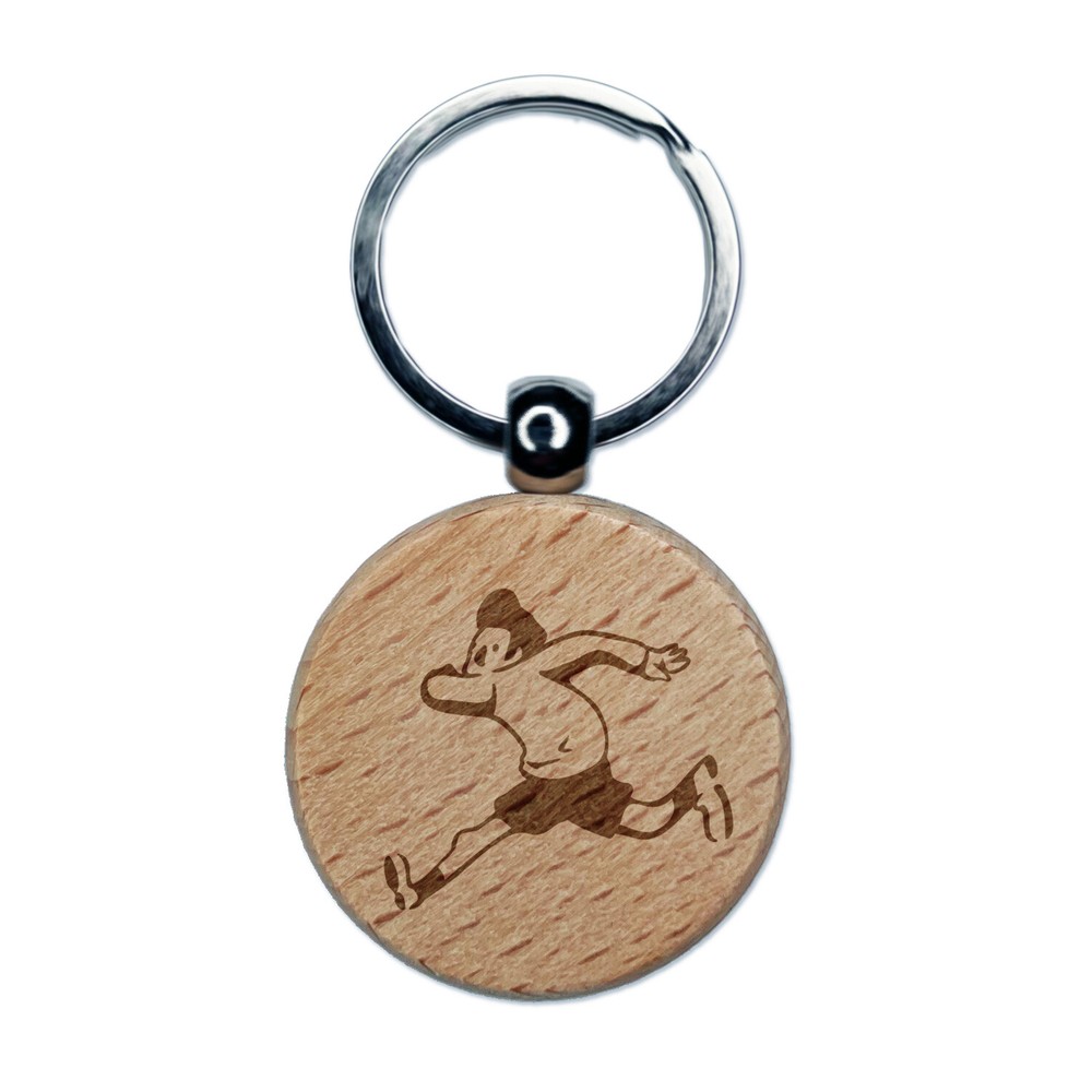 Cartoon Running Man Exercise Engraved Wood Round Keychain Tag Charm