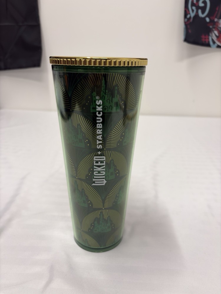 Starbucks x WICKED Emerald City Green Gold Cold 24oz Tumbler Cup NEW No Straw