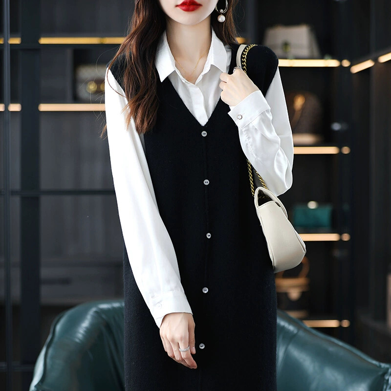 Women Slit Knitted Pullover Top Sleeveless Midi V-neck Dress Long Sweater Vest