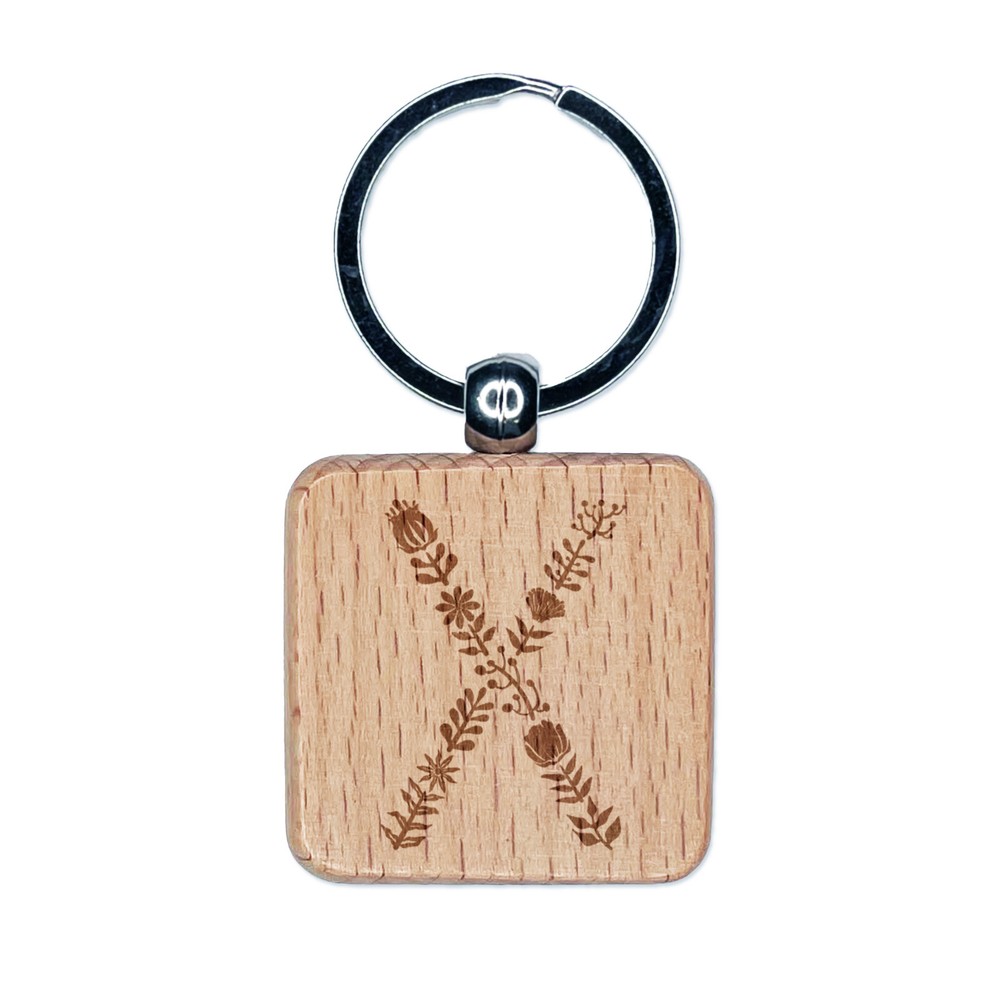 Elegant Botanical Floral Letter X Engraved Wood Square Keychain Tag Charm