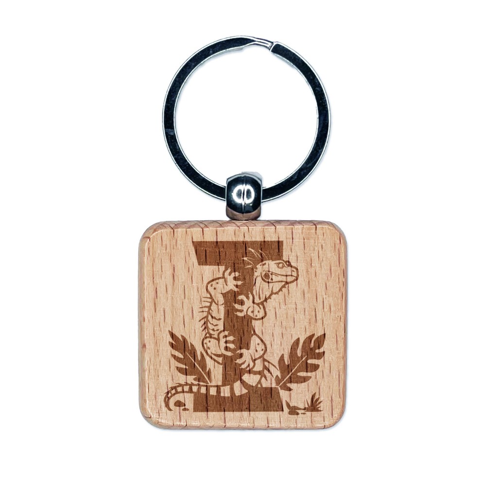 Animal Alphabet Letter I for Iguana Engraved Wood Square Keychain Tag Charm