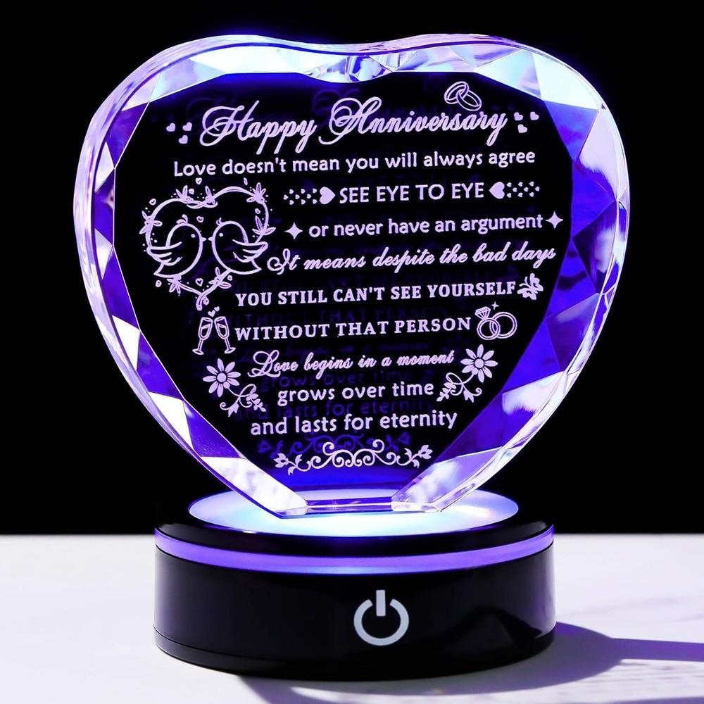 Elegant Crystal Heart Keepsake with Color-Changing LED Base Anniversaries