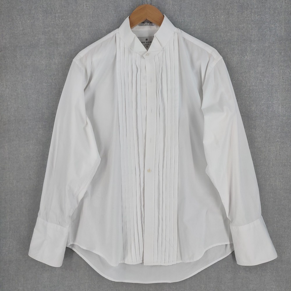 Vintage Balmain Men's 16.5 33 White Plisse Tuxedo Shirt with French Cuffs