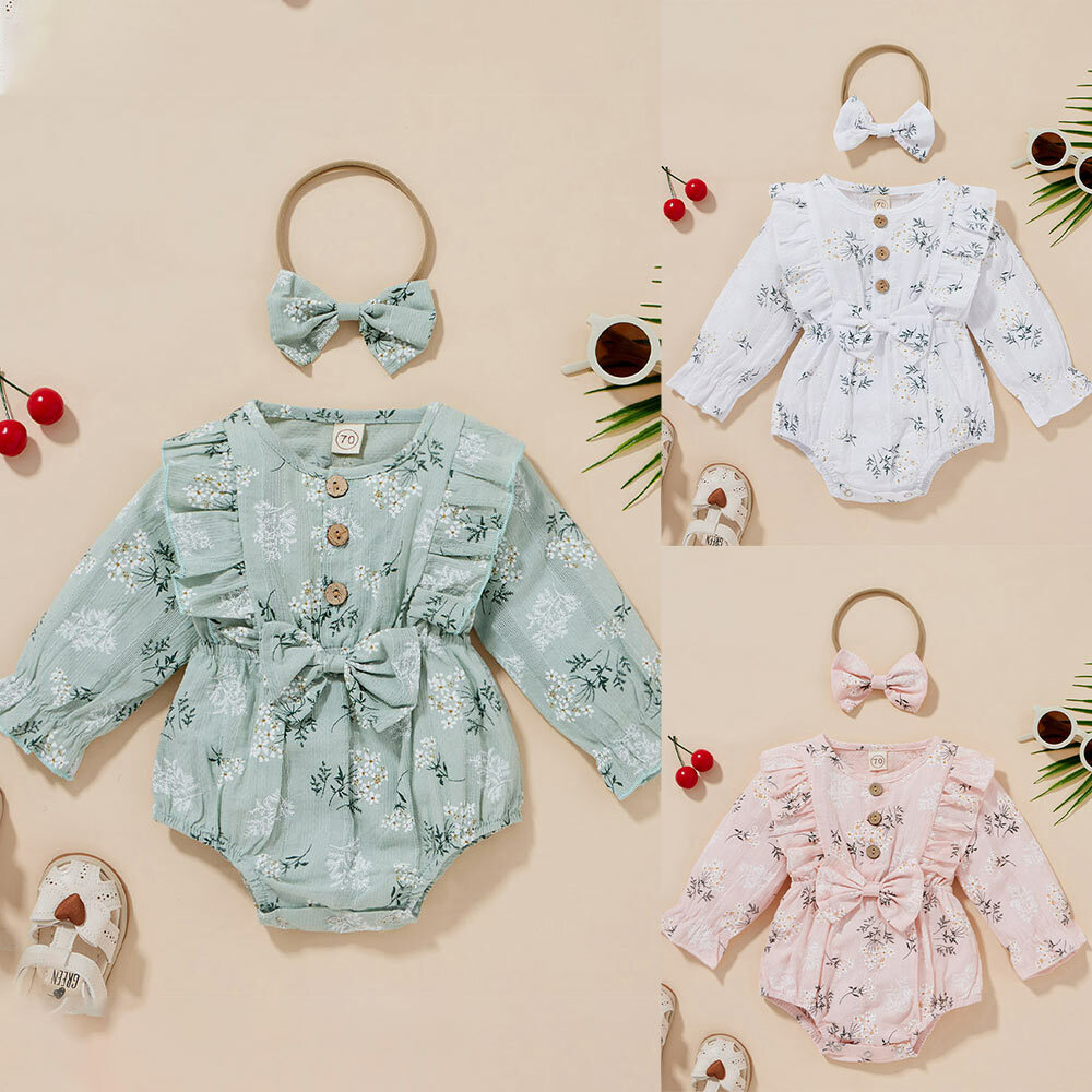Newborn Infant Baby Girls Floral Romper Tops + Headband Clothes Dress Outfit Set