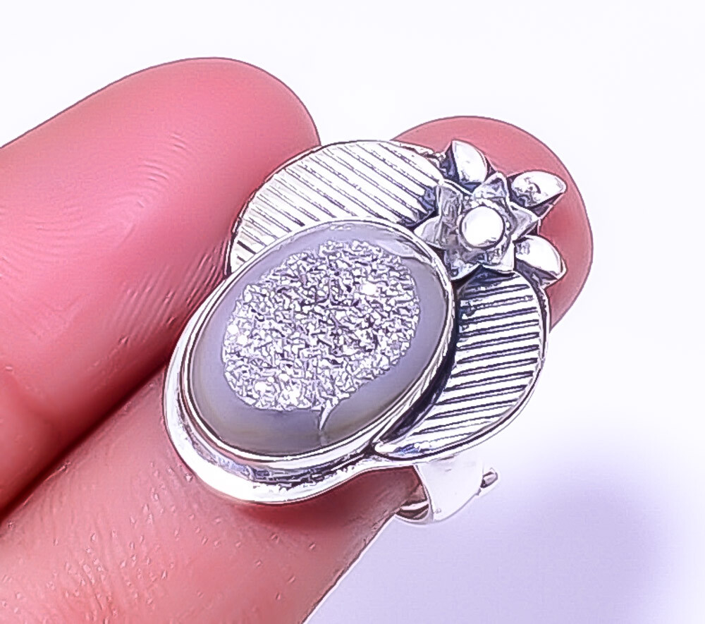 Titanium Silver Agate Drusy Designer 925 Sterling Silver Ring Adjustable (R14)