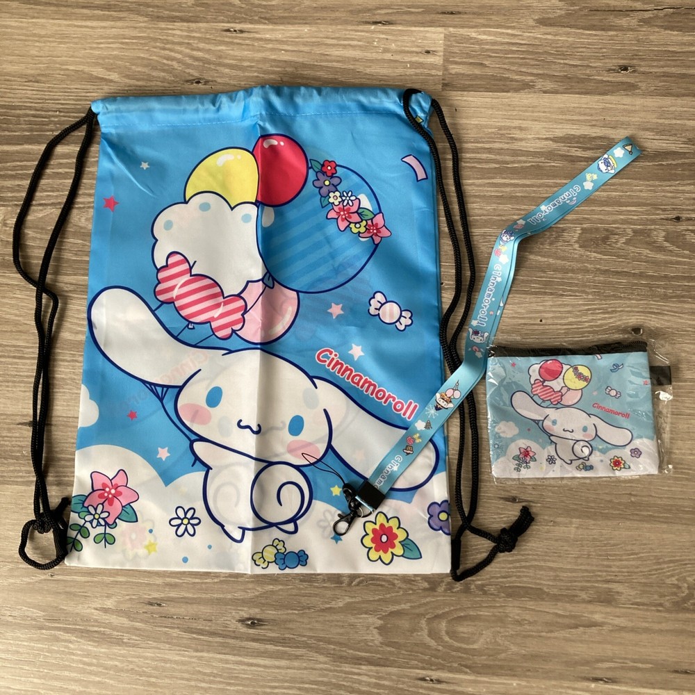 Cinnamoroll Bag Bundle Drawstring Backpack Zip Pouch Lanyard Kawaii Gift Sanrio