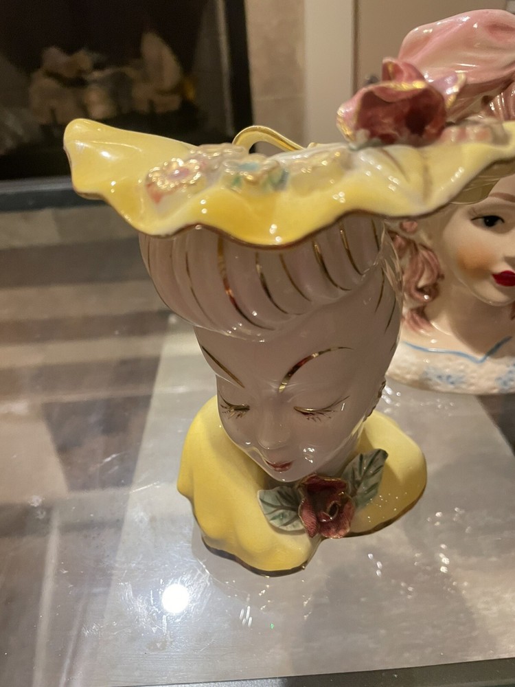 LEFTON Lady Head Vase Planter Gold Accents Japan Yellow Dress Hat Rose VTG 1950