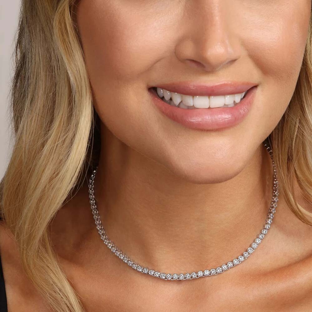 15CT Bezel Set Round Diamond Tennis Necklace for Women in 14K White Gold Plated