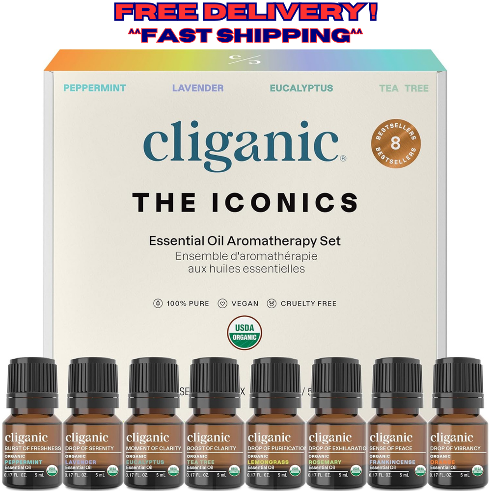Cliganic Organic 100% Pure Aromatherapy Essential Oils Gift Set Top 8 Scents