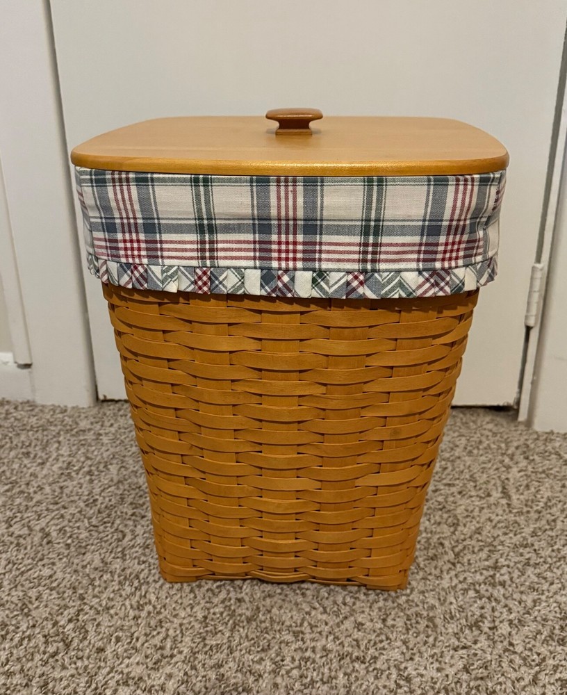 Longaberger Medium square waste basket with lid , liner and protector