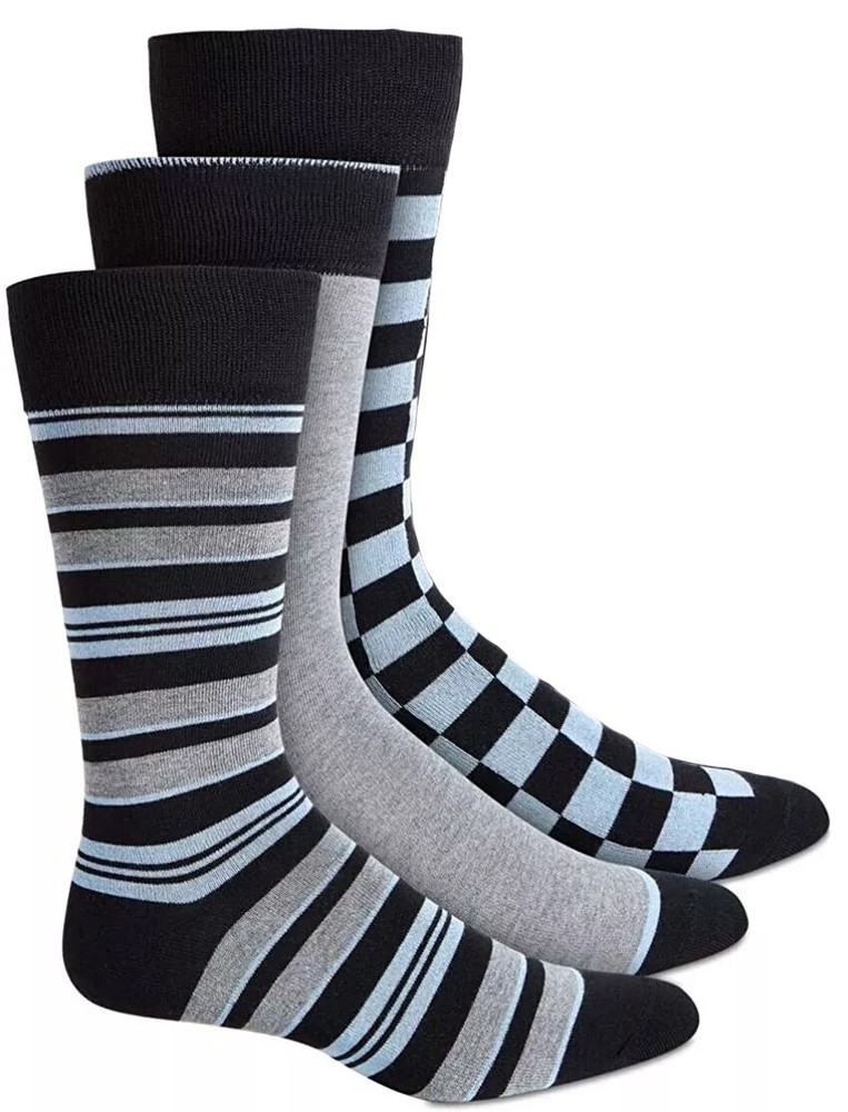 New Mens Alfani 3 Pack Black Gray Blue Stripe /Checkered Crew Dress Socks 7-12