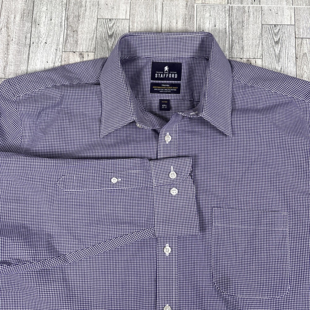Stafford Travel Men’s Shirt 17.5 36/37 Purple Gingham Check Casual Dress Office