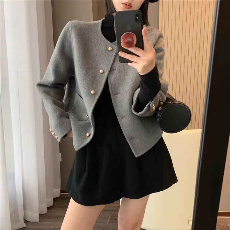 Spring Autumn Womens Single Breasted Short Coat Wool Jackets Outwears Round Neck