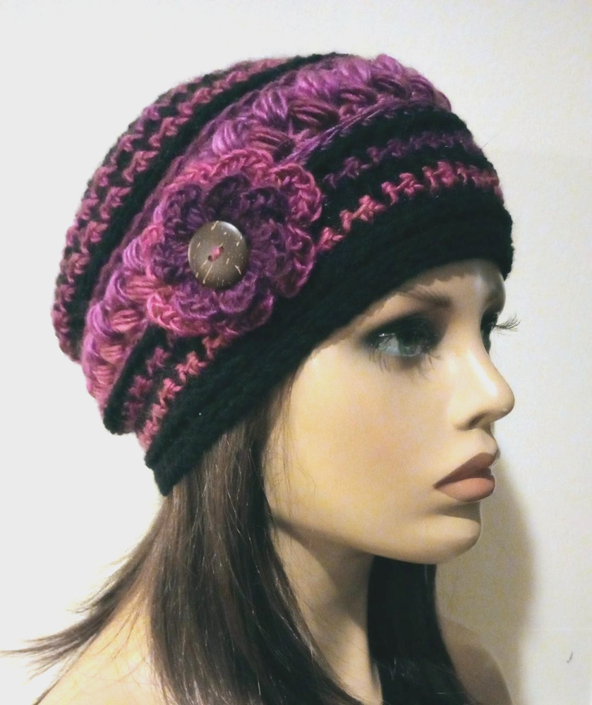 crochet handmade womans flower hat beanie winery purple puffs USA made new