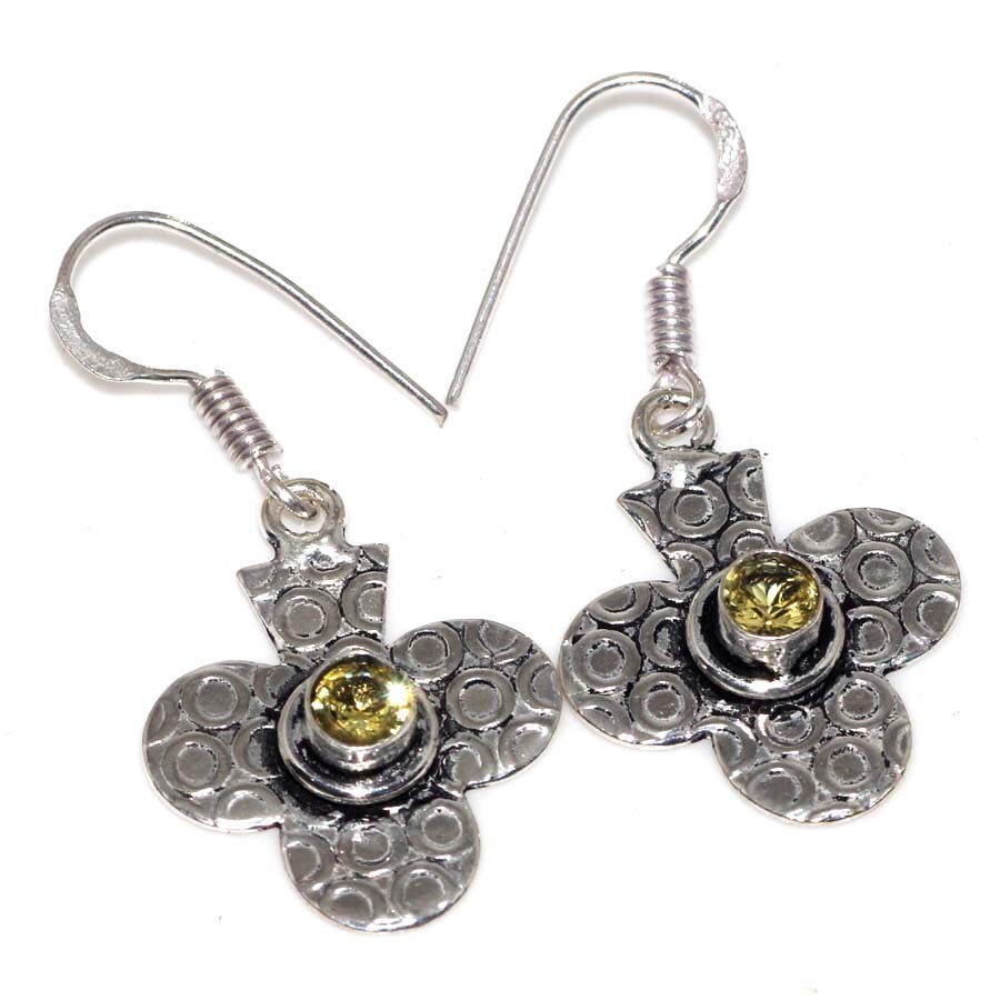 925 Silver-Plated Citrine Ethnic Gemstone Handmade Earrings 1.5 Inch JW