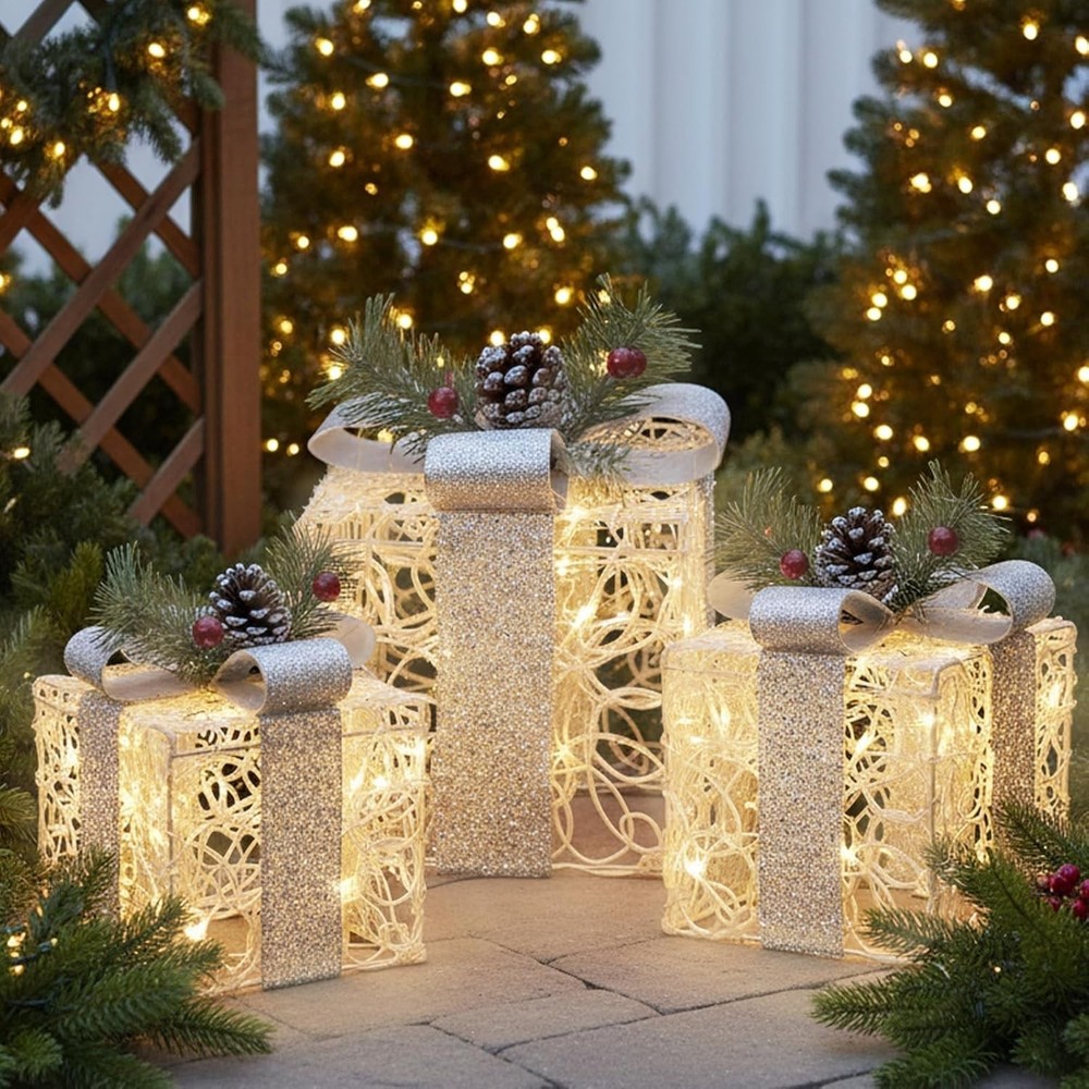 White Christmas Decorations, Set of 3 Christmas Lighted Gift Boxes, 48 LED Light